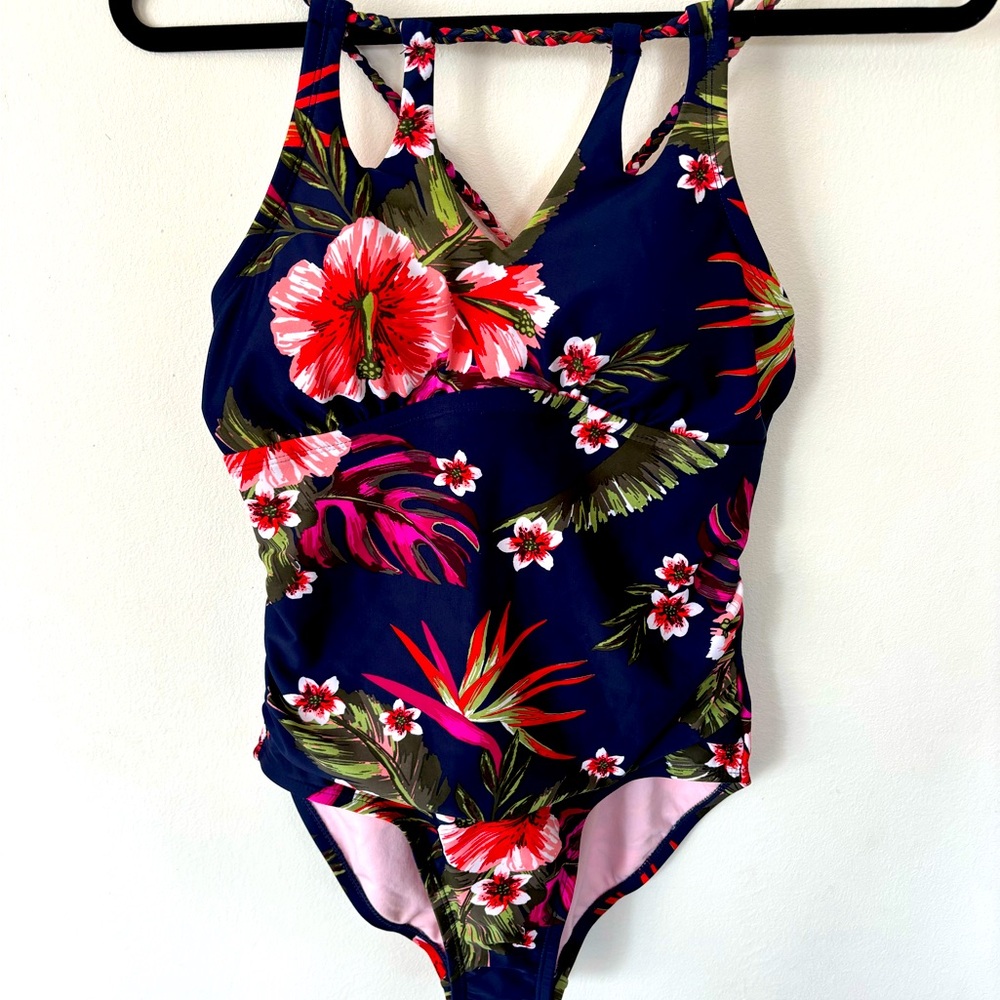 Kona Sol navy floral swimsuit. Size medium.
